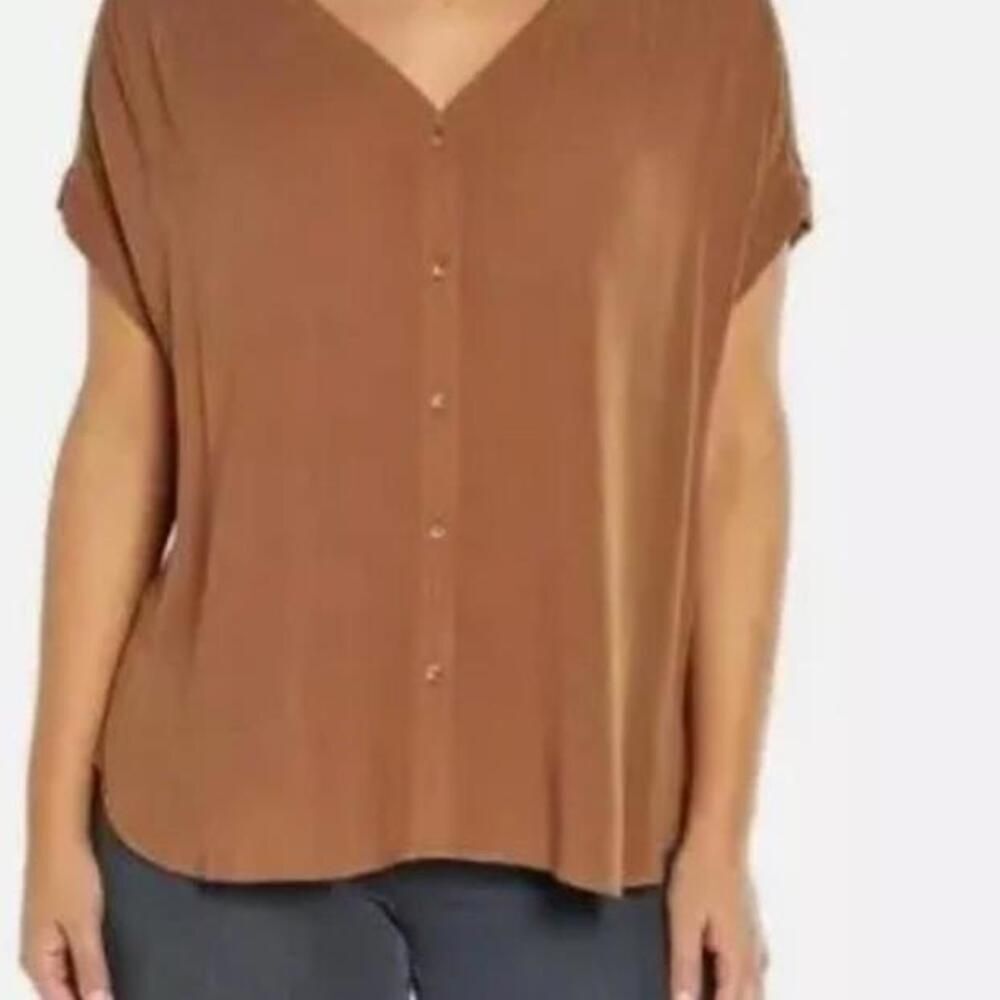 Orvis Women's Button Front Blouse Brown Size M Short Cap Sleeve Flowy Breezy